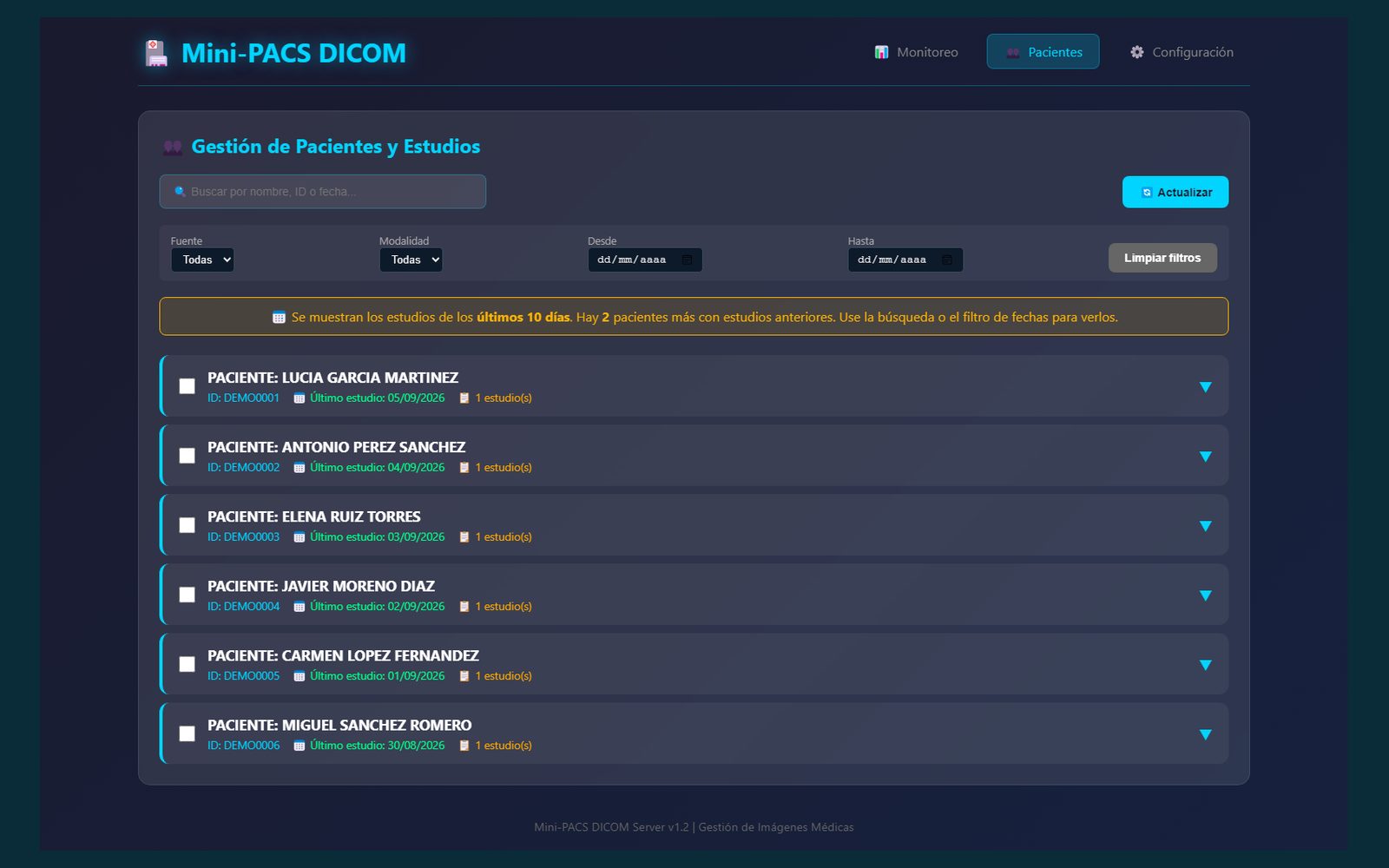 Los estudios, buscables por paciente desde cualquier consulta. Datos de demostración: ningún paciente real.
