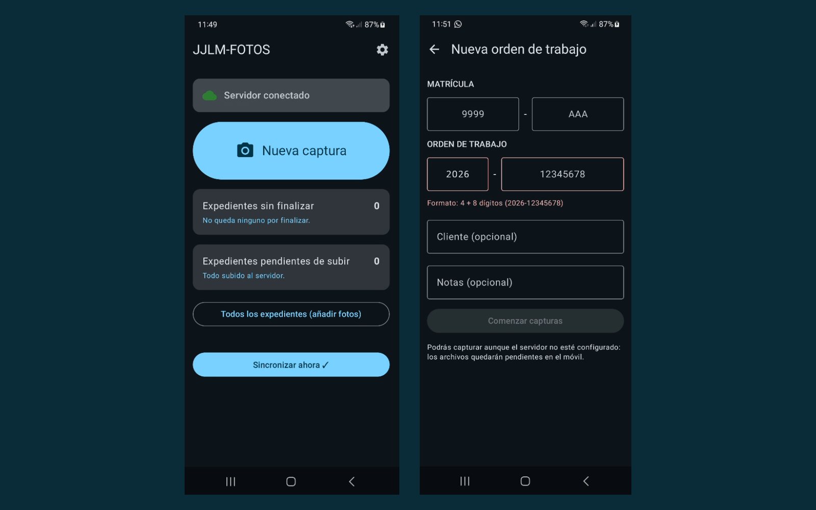 La app en el móvil: pantalla de inicio con los expedientes pendientes y alta de una orden de trabajo.